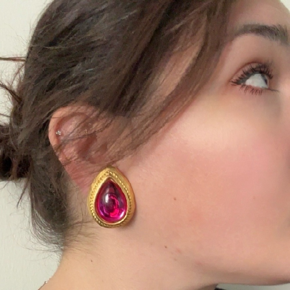 Rare Vintage Gem-Craft Statement Pink Crystal & Gold Signed Clip On Earrings - Picture 3 of 11